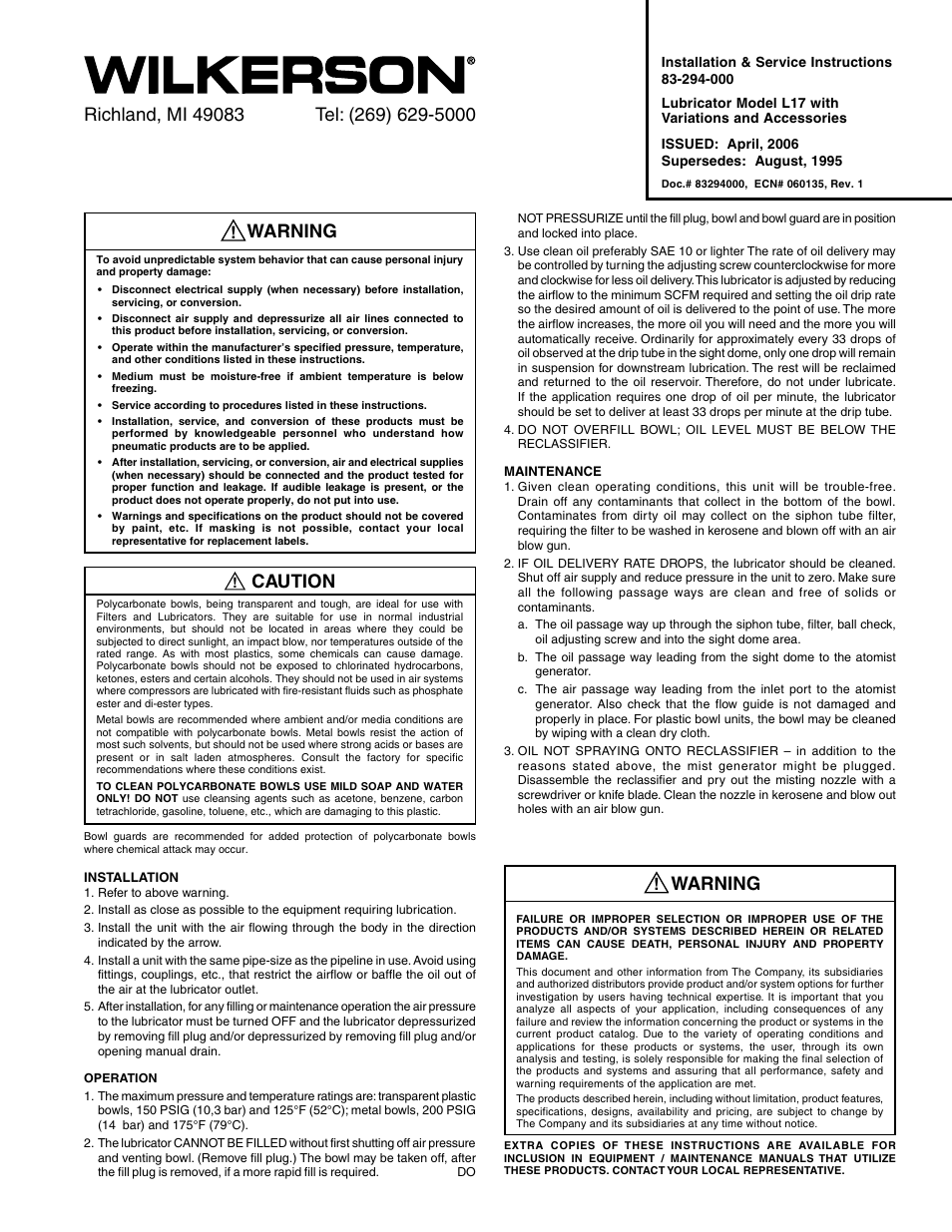 Wilkerson L17 User Manual | 2 pages