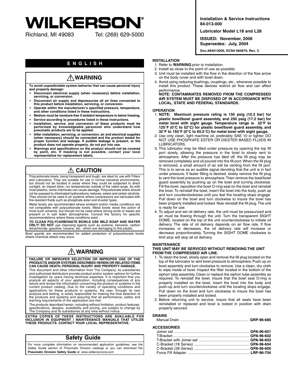 Wilkerson L28 User Manual | 4 pages