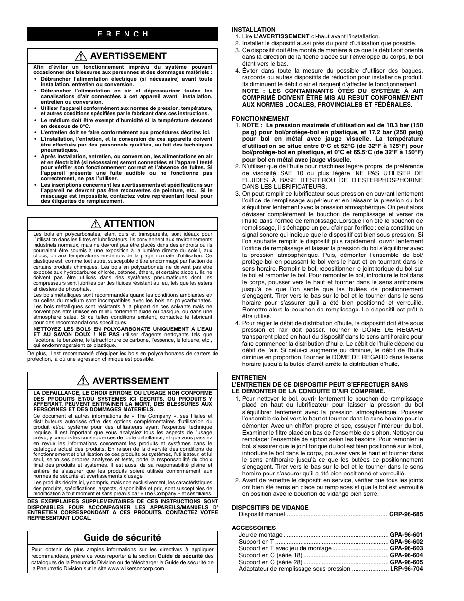 Attention, Avertissement, Guide de sécurité | Wilkerson L28 User Manual | Page 2 / 4