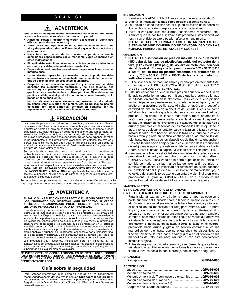 Advertencia, Precaución, Guía sobre la seguridad | Wilkerson L28 User Manual | Page 3 / 4