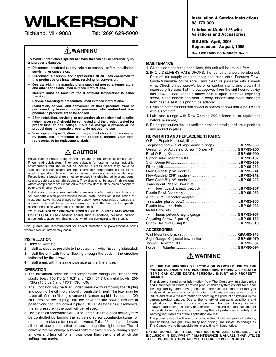 Wilkerson L26 User Manual | 2 pages