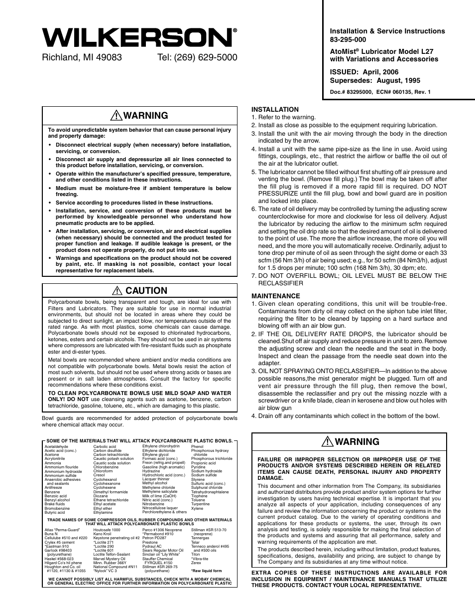 Wilkerson L27 User Manual | 2 pages