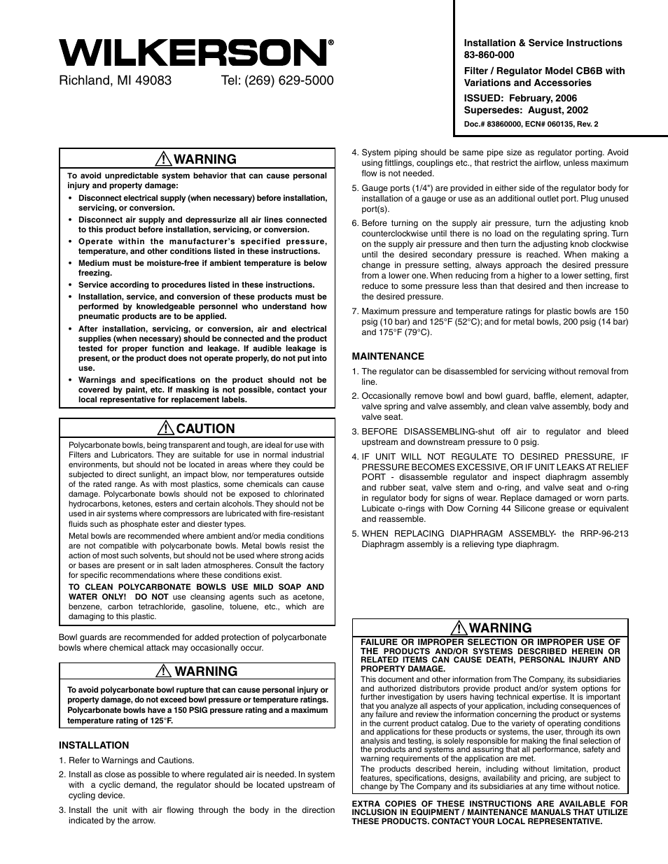 Wilkerson CB6 User Manual | 2 pages