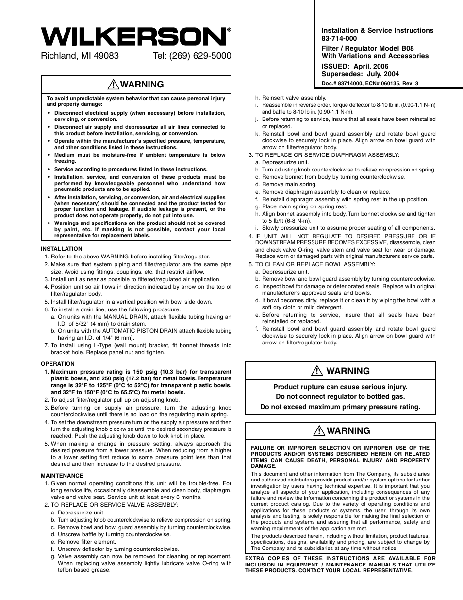 Wilkerson B08 User Manual | 8 pages