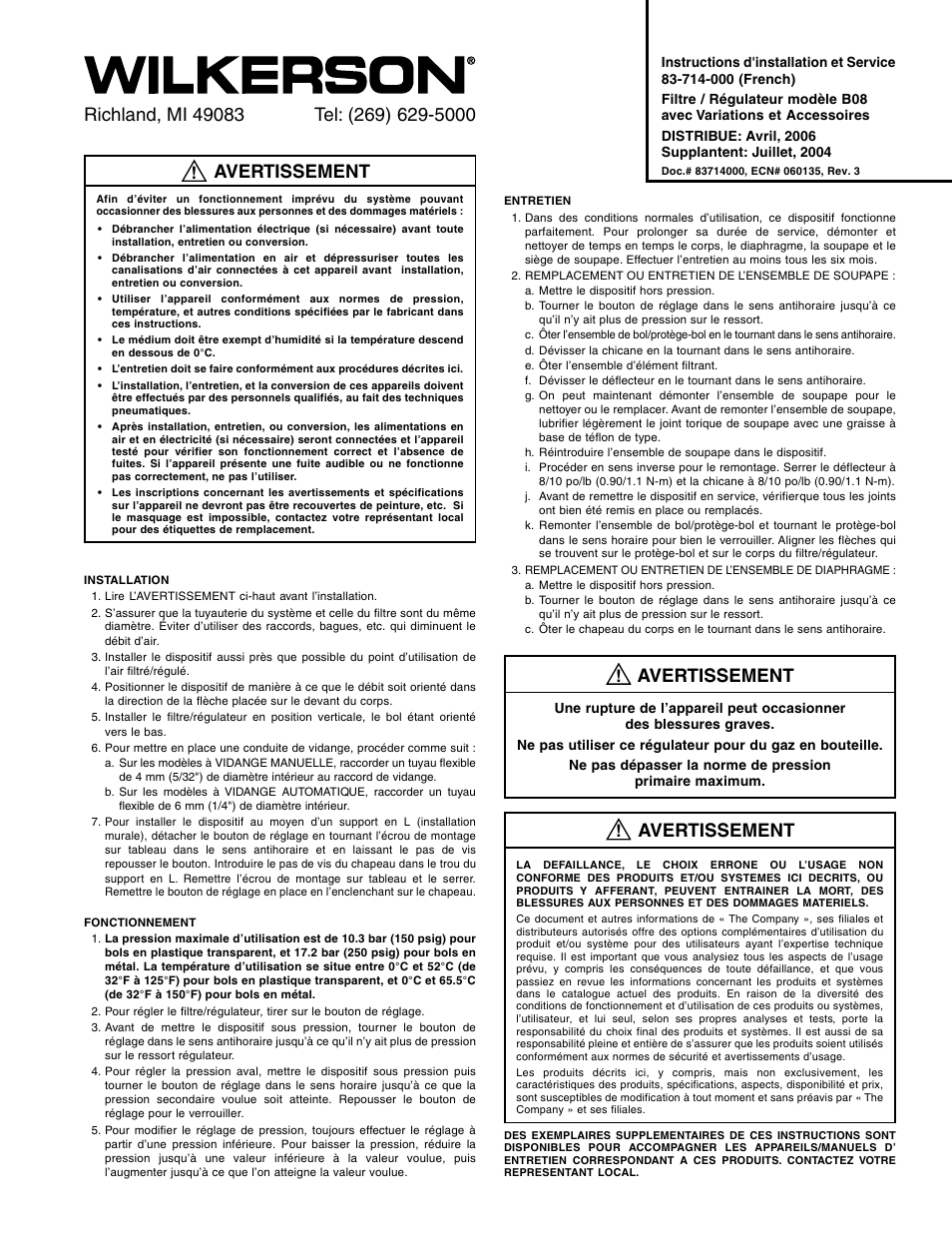 Avertissement | Wilkerson B08 User Manual | Page 3 / 8