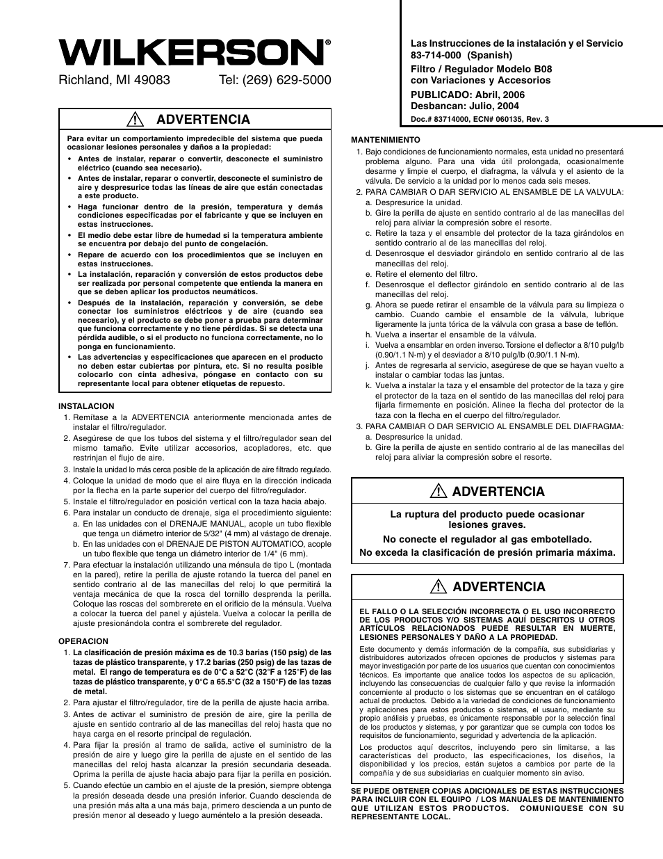 Advertencia | Wilkerson B08 User Manual | Page 5 / 8
