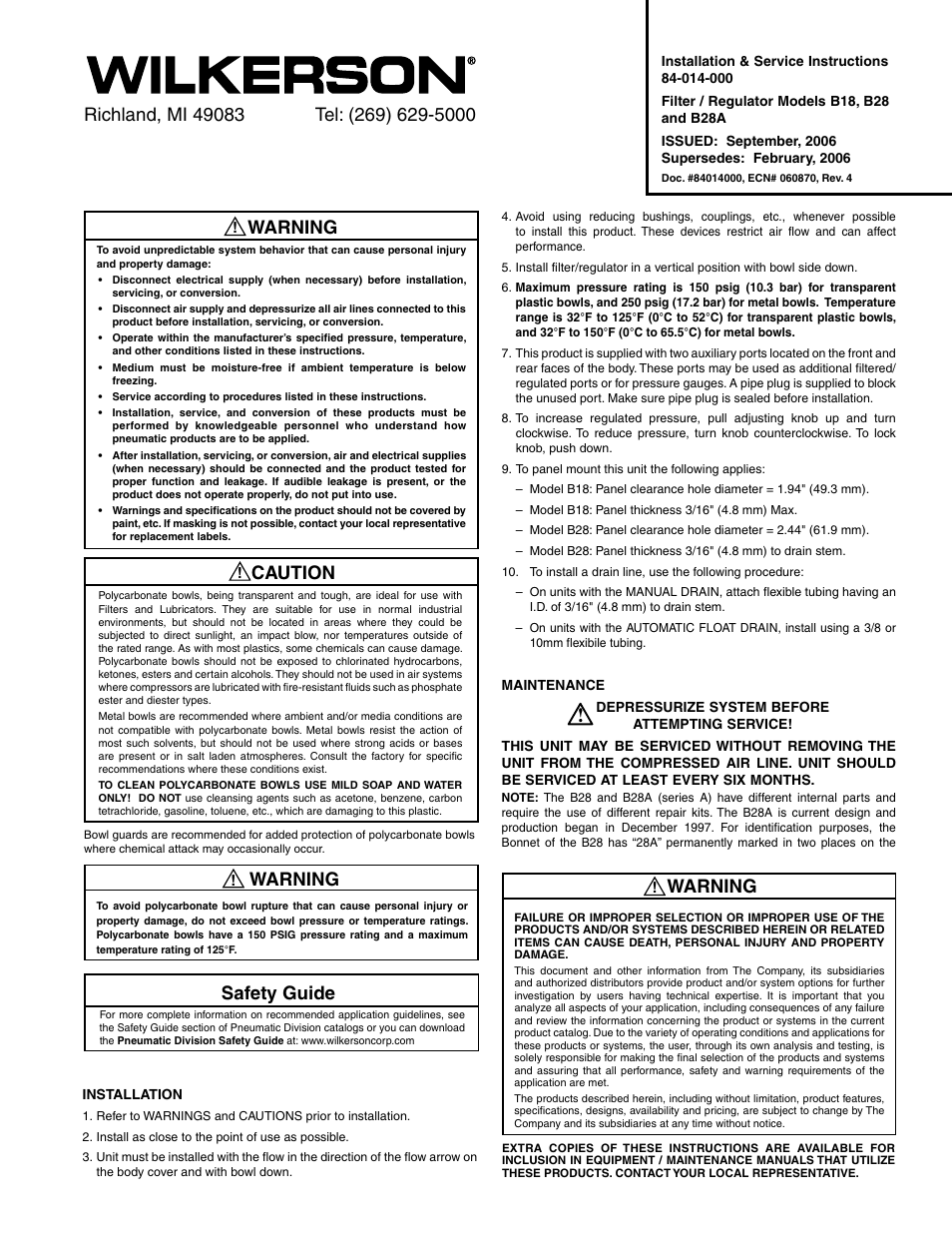 Wilkerson B28A User Manual | 8 pages