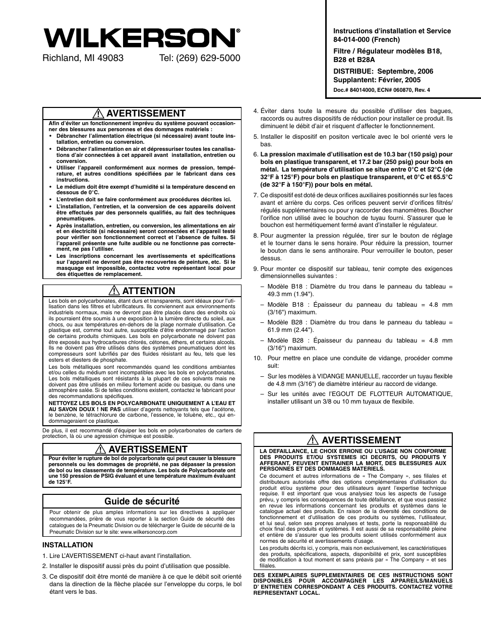 Avertissement, Attention, Guide de sécurité | Wilkerson B28A User Manual | Page 3 / 8