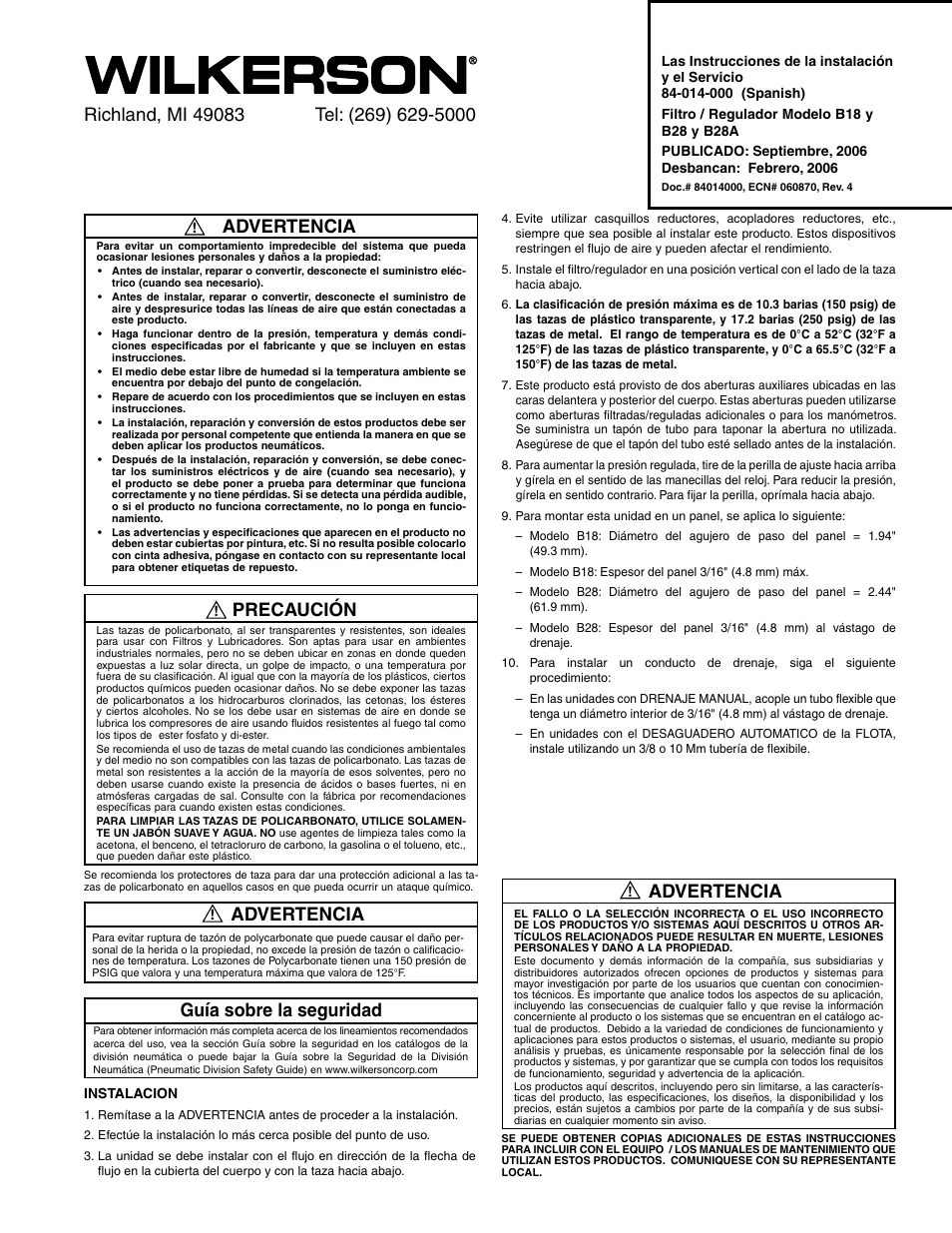 Advertencia, Precaución, Guía sobre la seguridad | Wilkerson B28A User Manual | Page 5 / 8