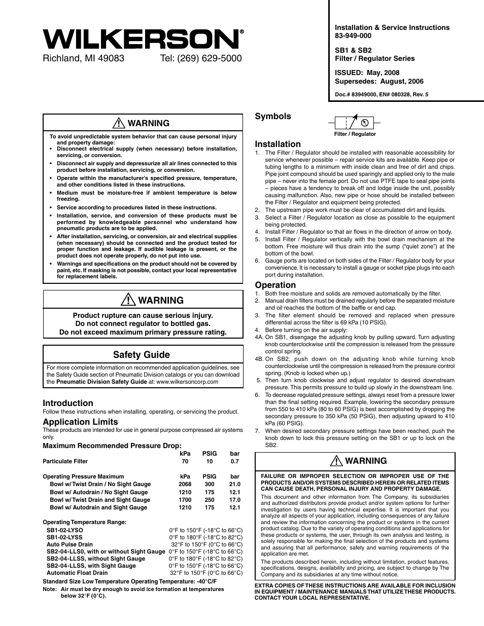 Wilkerson SB2 User Manual | 2 pages