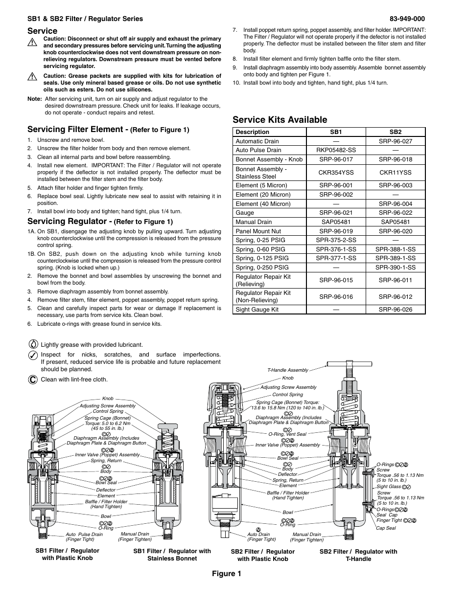 Service kits available, Servicing filter element, Servicing regulator | Service, Figure 1 | Wilkerson SB2 User Manual | Page 2 / 2