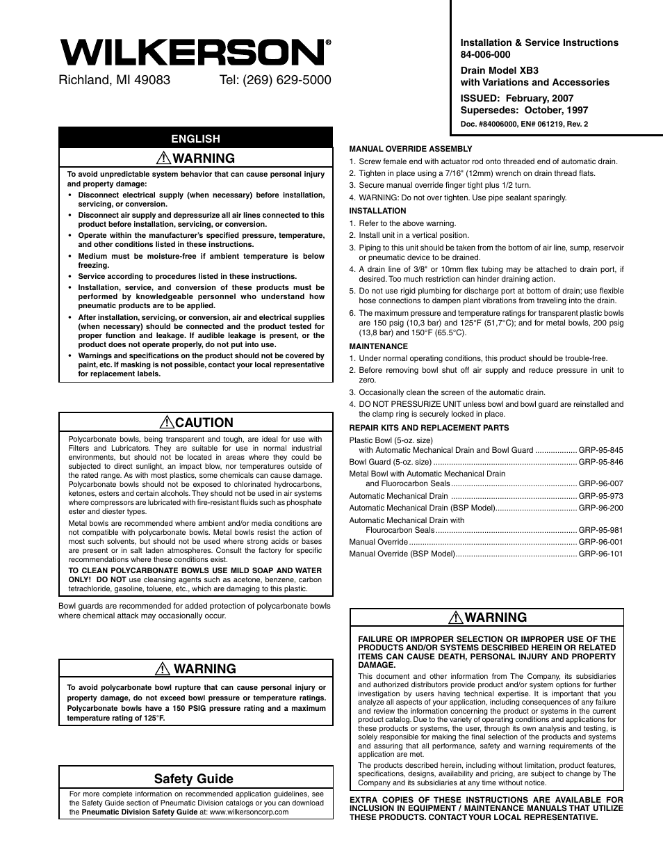 Wilkerson XB3 User Manual | 4 pages