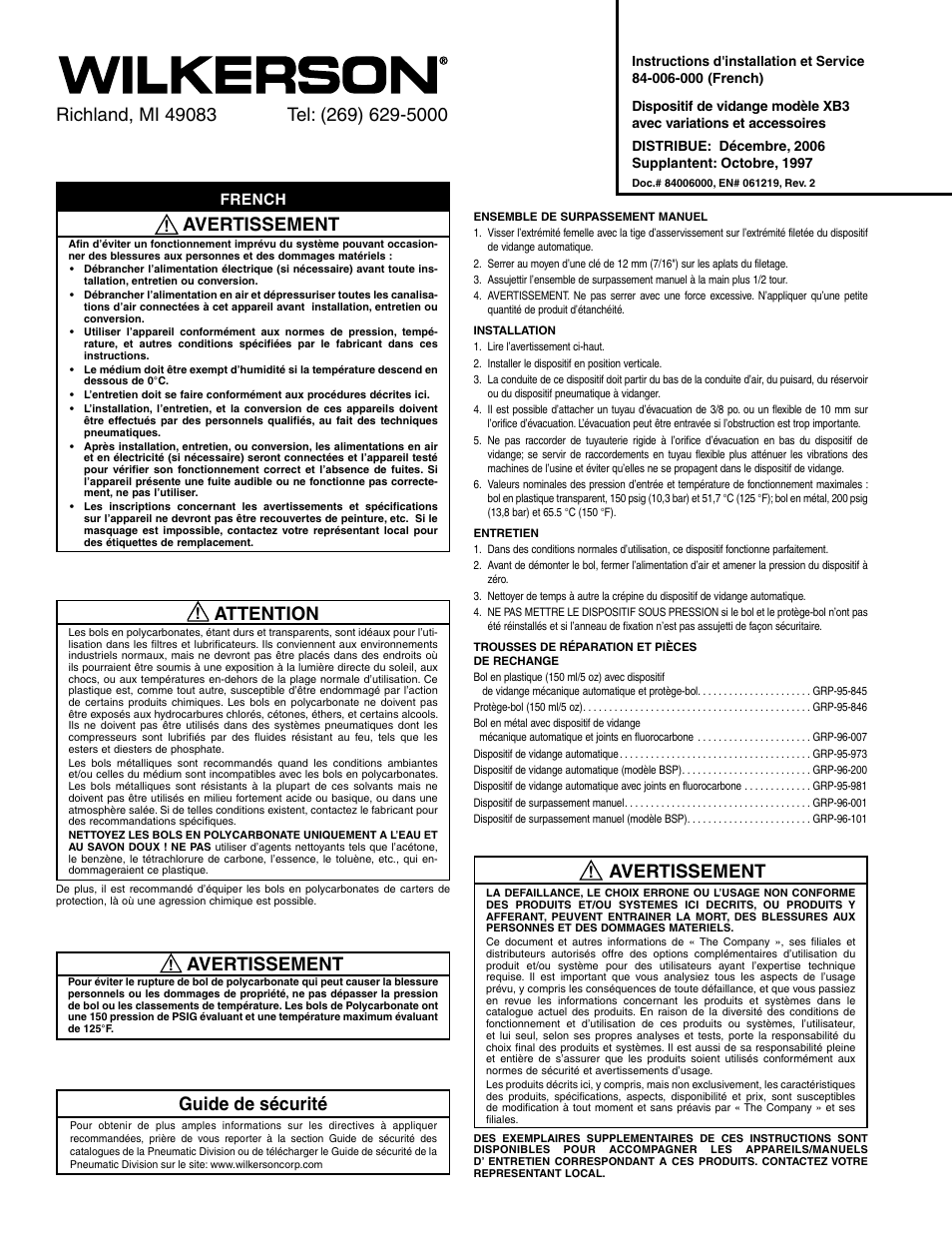 Avertissement, Attention, Guide de sécurité | French | Wilkerson XB3 User Manual | Page 2 / 4