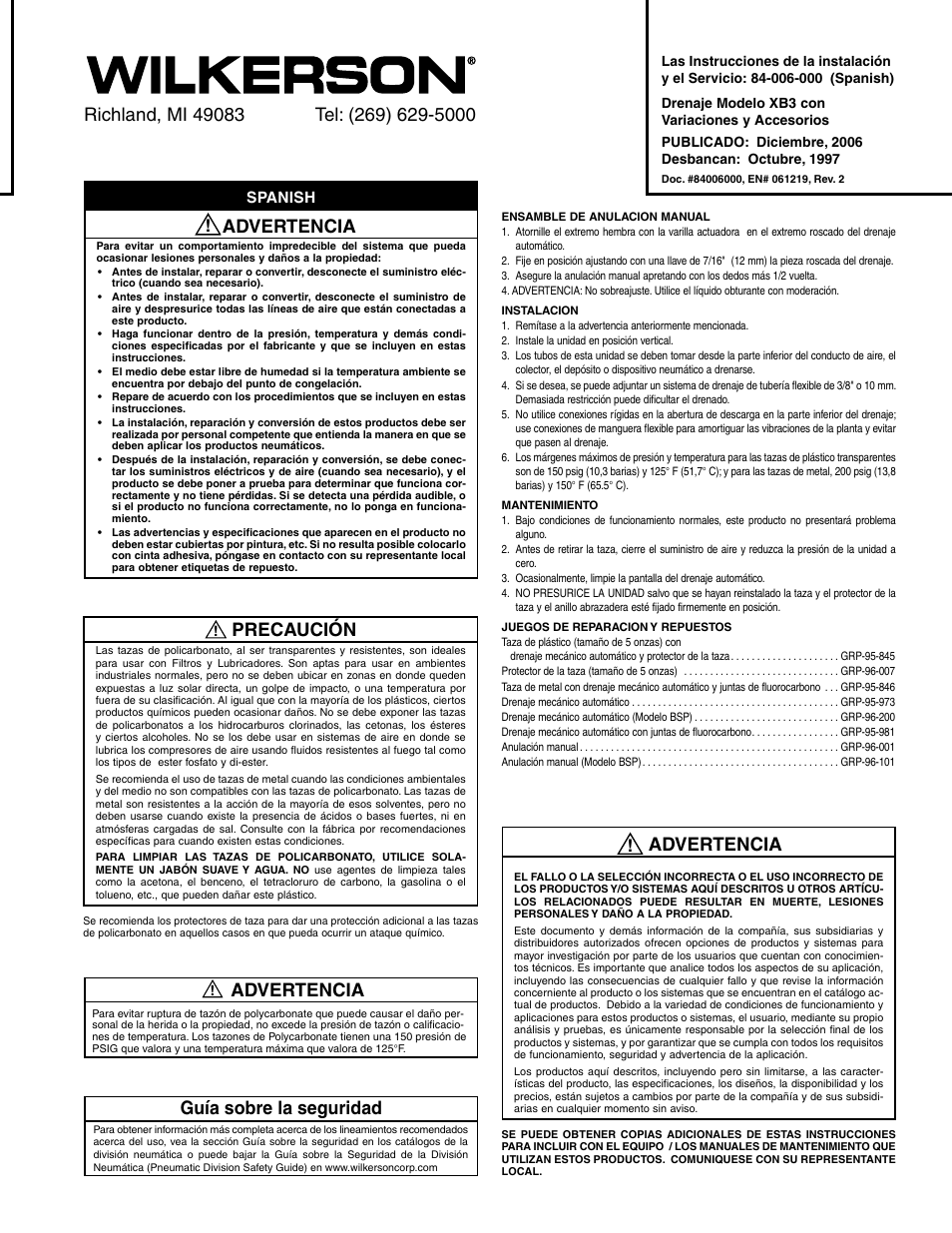 Advertencia, Precaución, Guía sobre la seguridad | Spanish | Wilkerson XB3 User Manual | Page 3 / 4