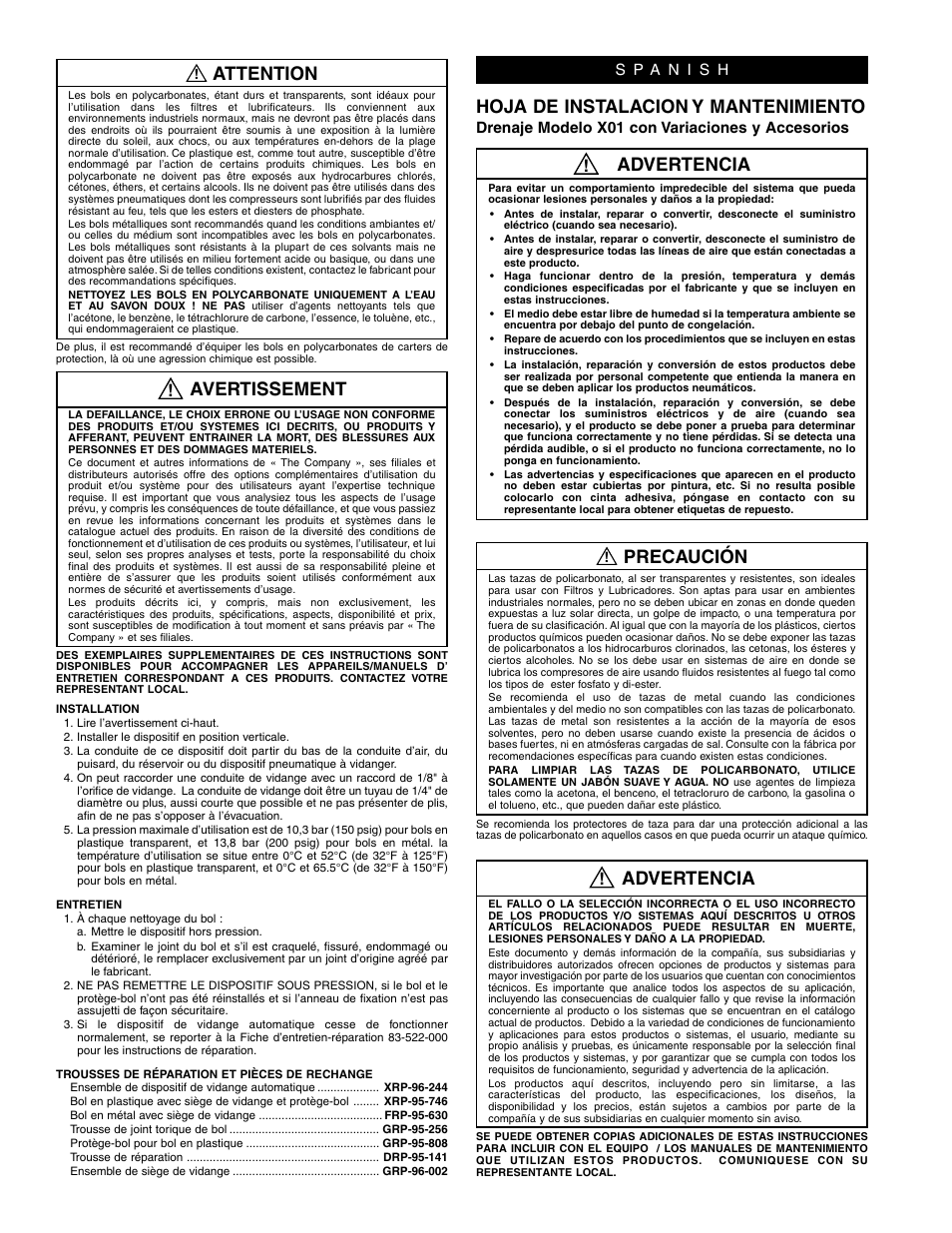 Hoja de instalacion y mantenimiento, Advertencia, Precaución | Avertissement, Attention | Wilkerson X01-04-000 User Manual | Page 2 / 4