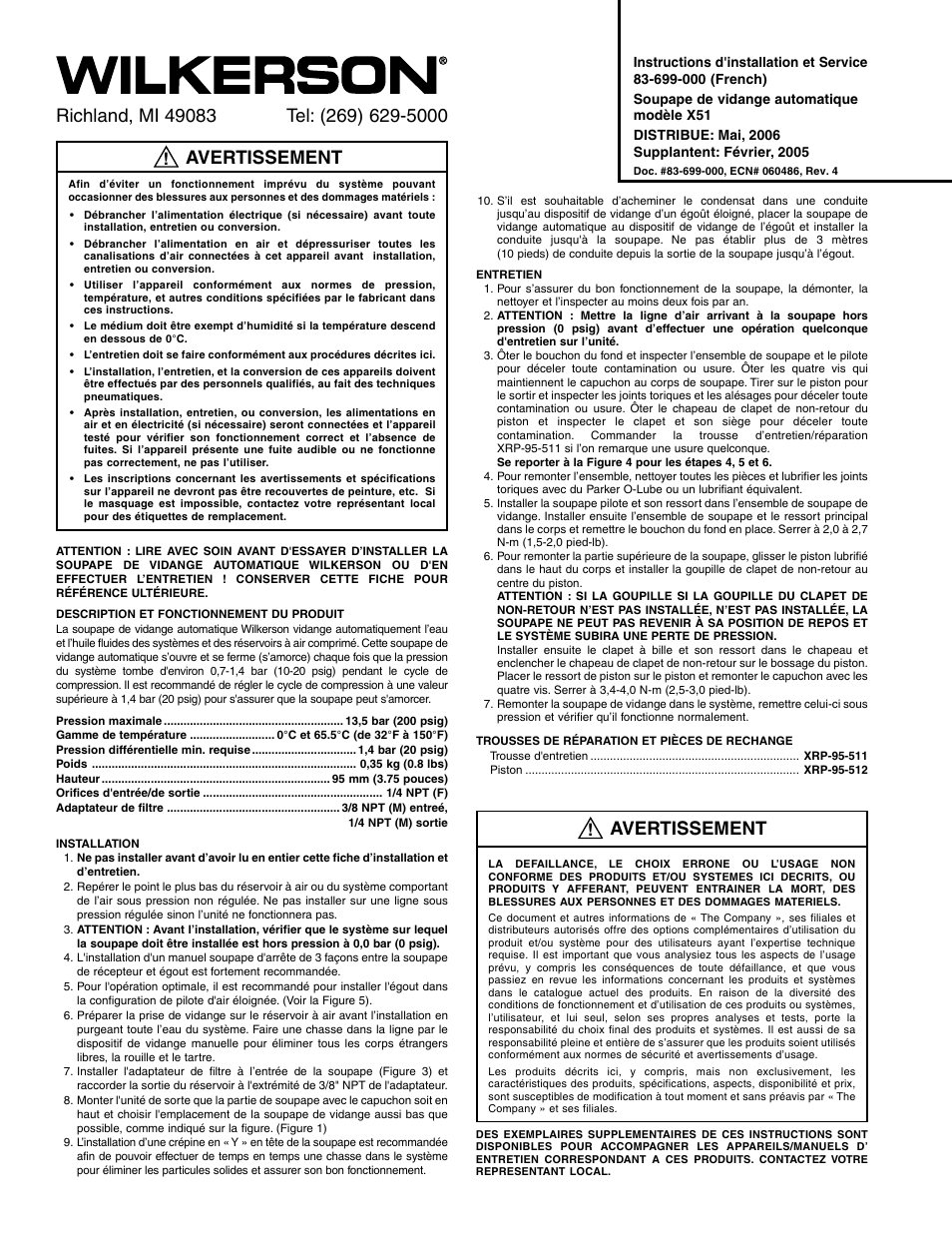 Avertissement | Wilkerson X51 User Manual | Page 2 / 8