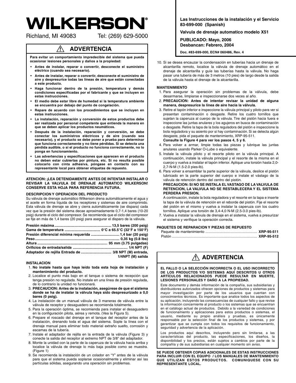 Advertencia | Wilkerson X51 User Manual | Page 3 / 8