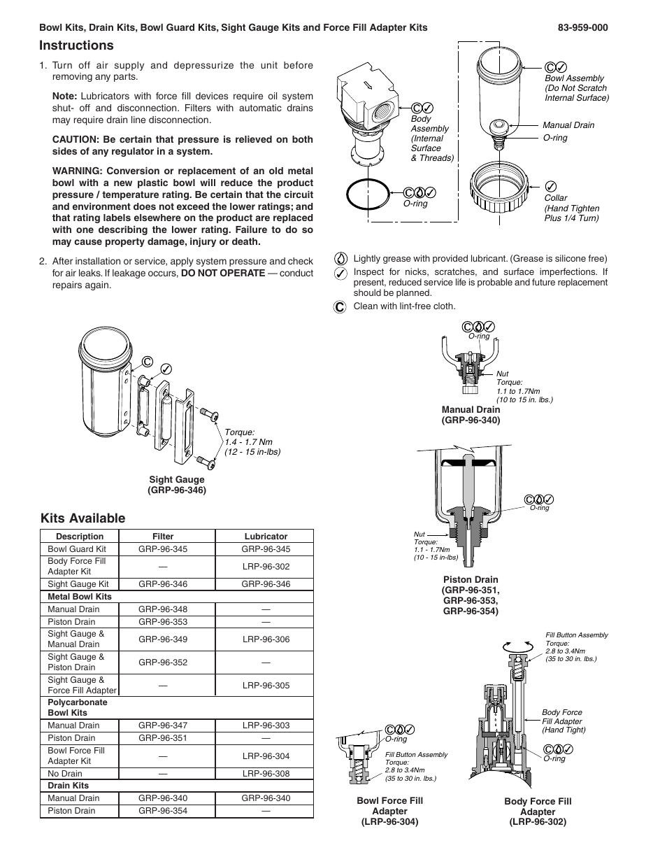 Kits available, Instructions | Wilkerson 12 Series Bowl / Drain Kits User Manual | Page 2 / 2