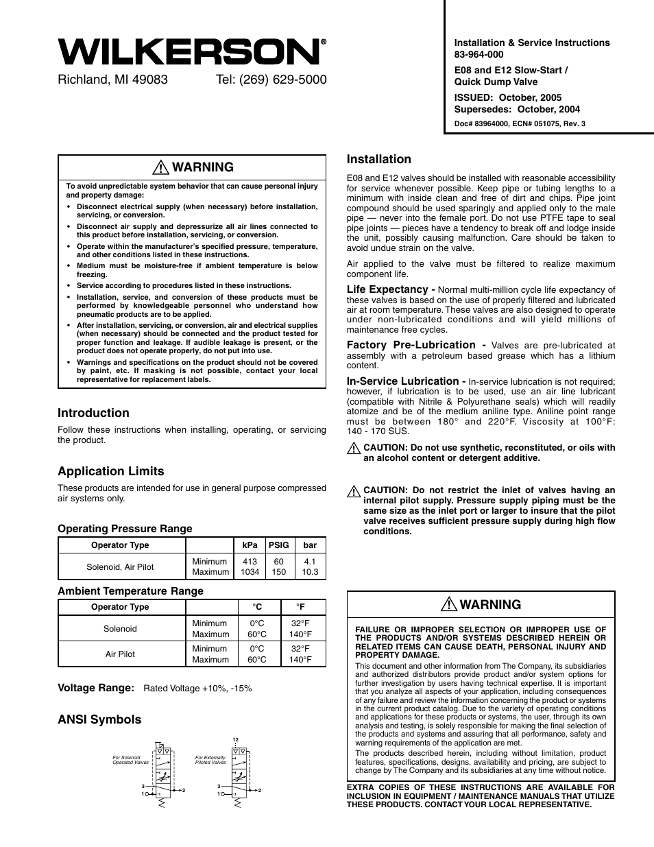 Wilkerson E12 User Manual | 2 pages