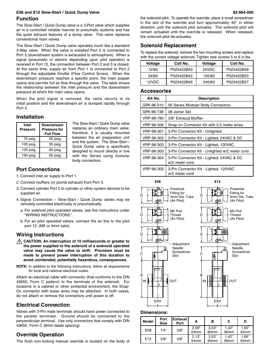 Function, Installation, Port connections | Wiring instructions, Electrical connection, Override operation, Solenoid replacement, Accessories | Wilkerson E12 User Manual | Page 2 / 2