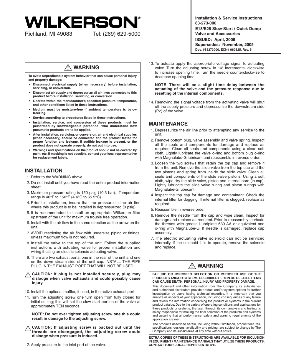 Wilkerson E28 User Manual | 2 pages