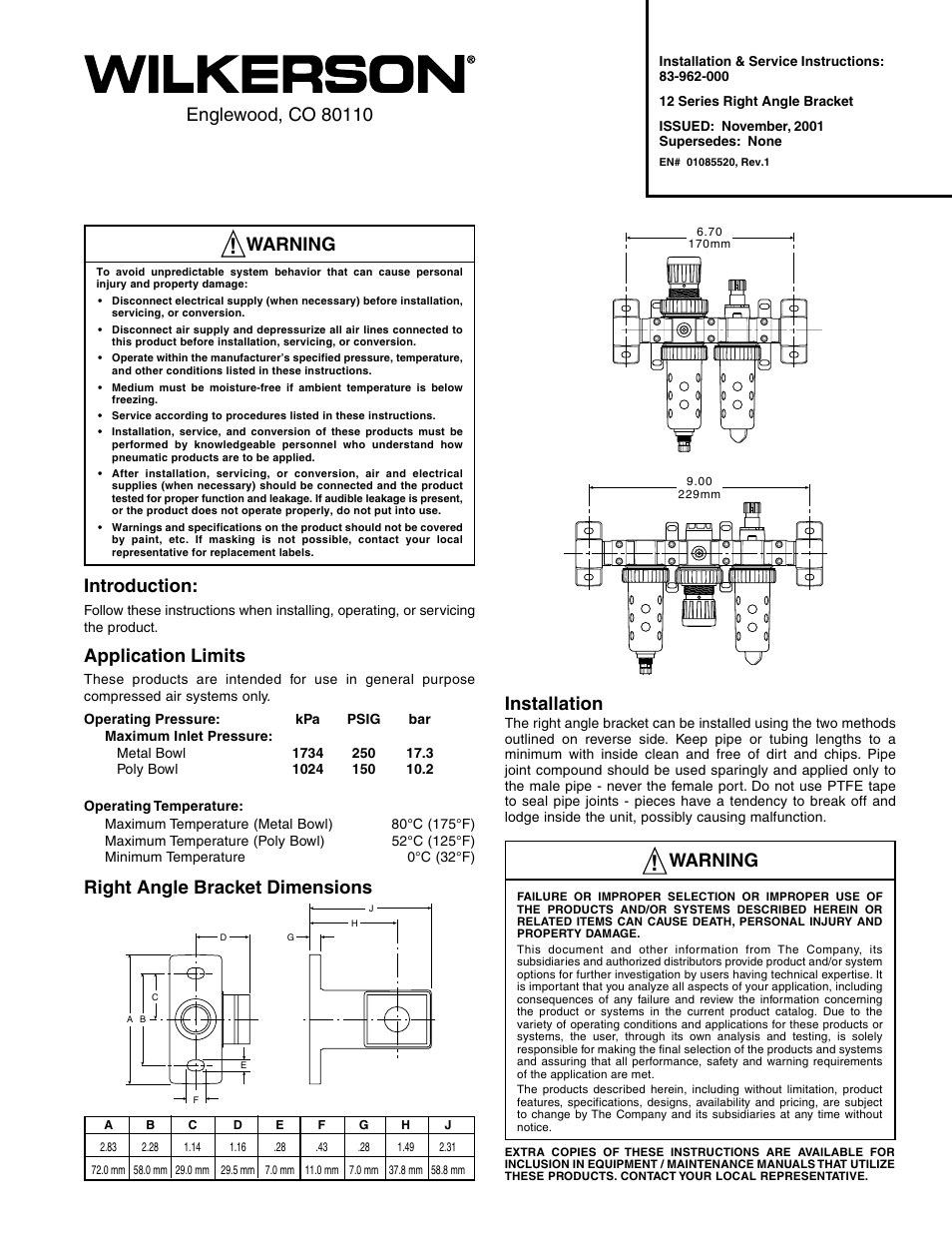 Wilkerson 12 Series Right Angle Bracket User Manual | 2 pages