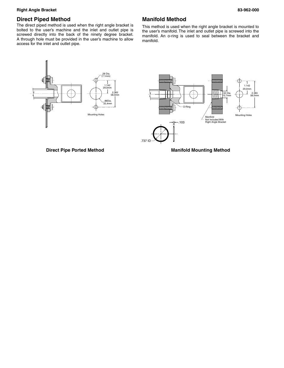 Direct piped method, Manifold method, Direct pipe ported method manifold mounting method | Wilkerson 12 Series Right Angle Bracket User Manual | Page 2 / 2