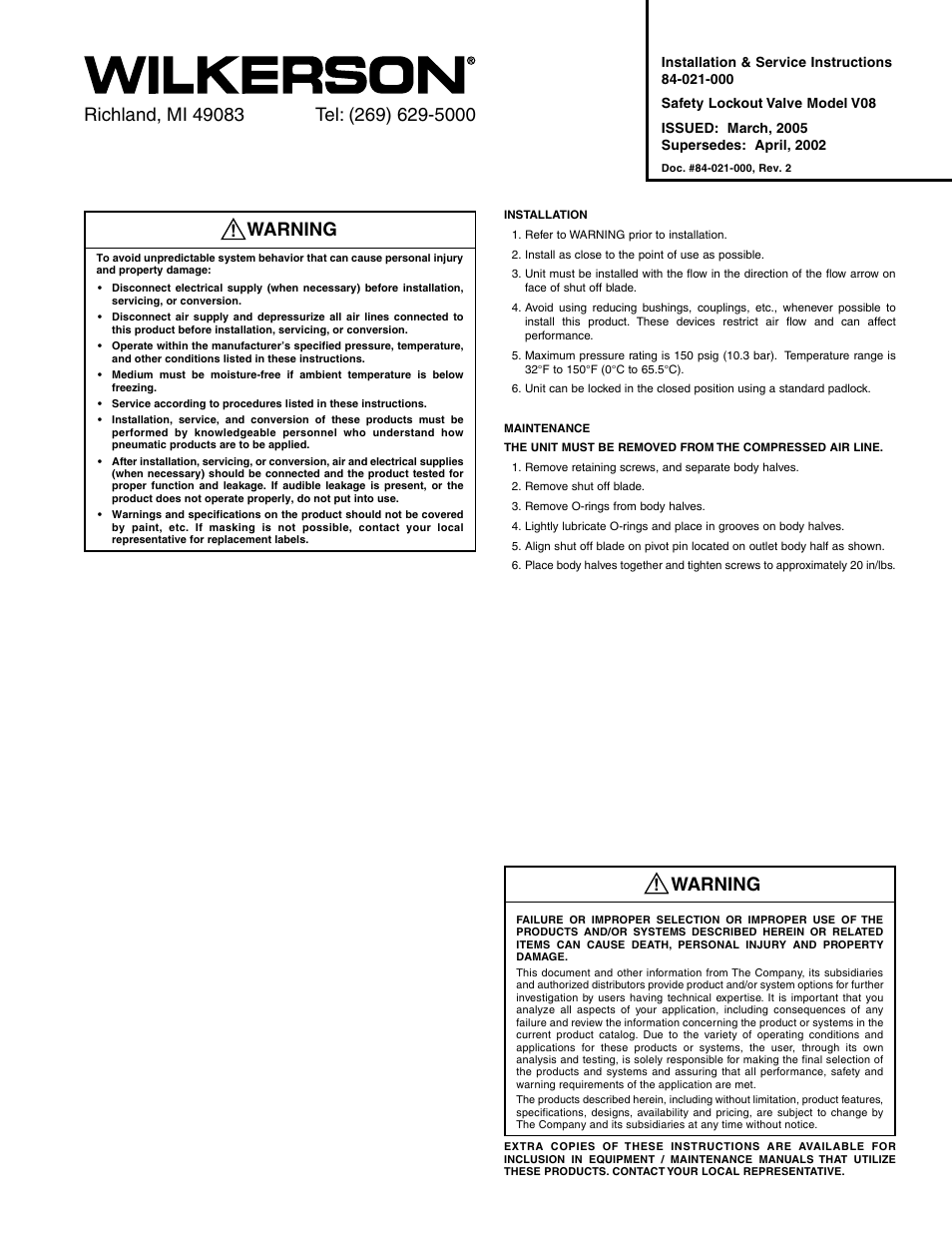 Wilkerson V08 User Manual | 4 pages