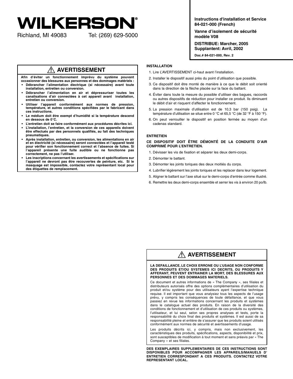 Avertissement | Wilkerson V08 User Manual | Page 2 / 4