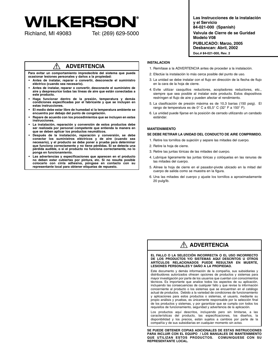 Advertencia | Wilkerson V08 User Manual | Page 3 / 4