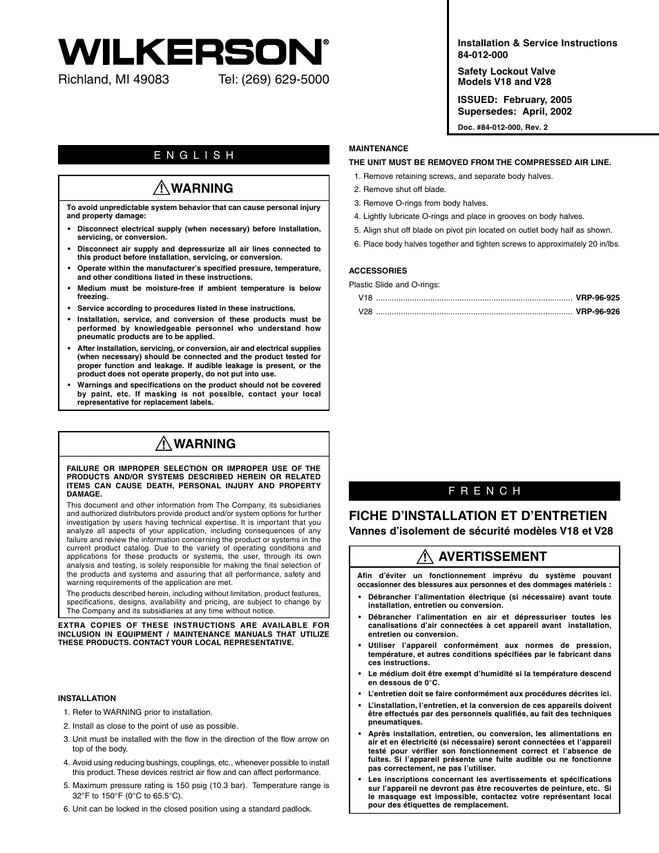 Wilkerson V28 User Manual | 4 pages