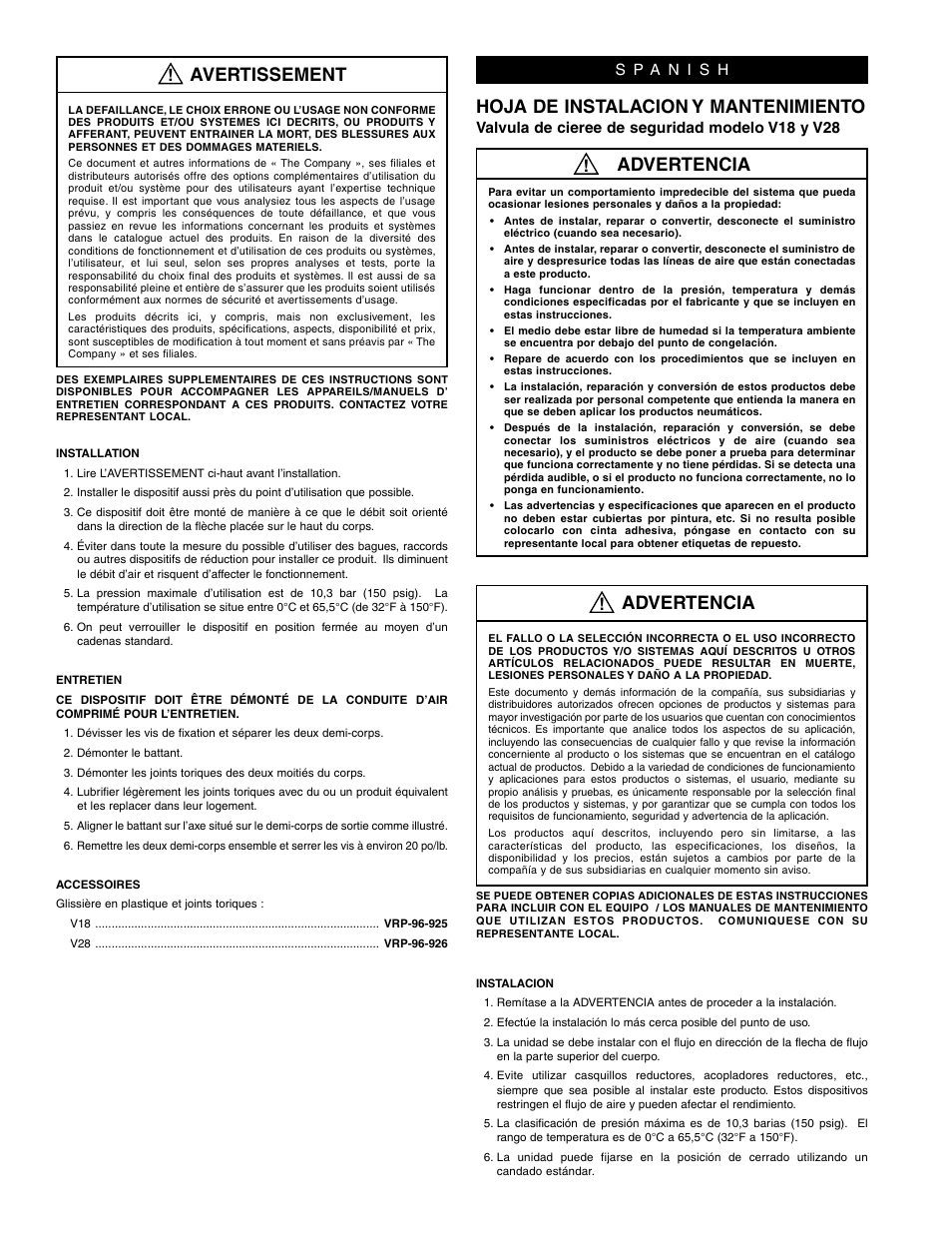 Hoja de instalacion y mantenimiento, Advertencia, Avertissement | Valvula de cieree de seguridad modelo v18 y v28 | Wilkerson V28 User Manual | Page 2 / 4