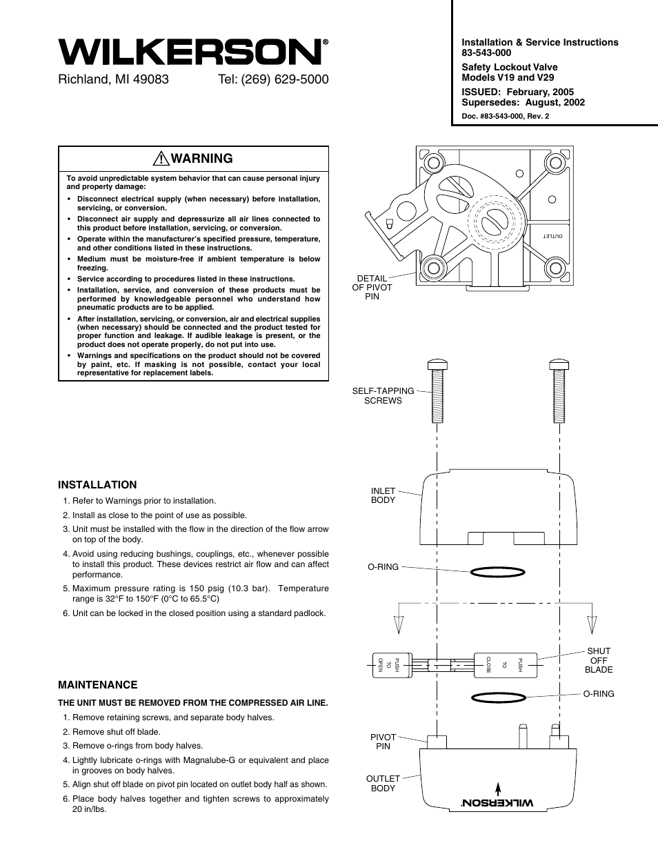 Wilkerson V29 User Manual | 2 pages