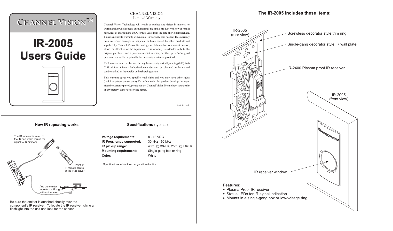 Channel Vision IR Reciever IR-2005 User Manual | 2 pages