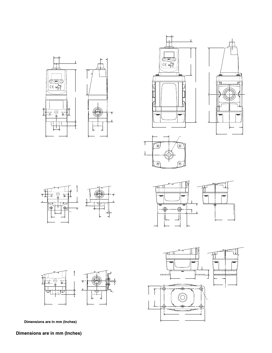 Dimensions, 40mm bottom exhaust version, Foot bracket din rail bracket | 60mm bottom exhaust version, L bracket, Foot bracket, Dimensions are in mm (inches) 8, 2r210, 40mm & 60mm proportional regulator | Wilkerson ER08 User Manual | Page 8 / 8