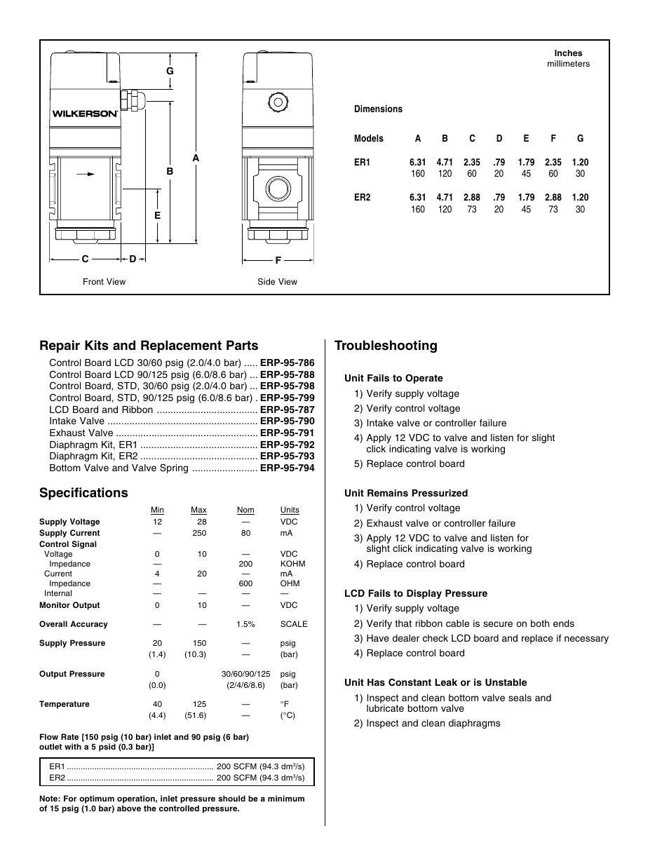 Repair kits and replacement parts, Specifications, Troubleshooting | Wilkerson ER2 User Manual | Page 6 / 6