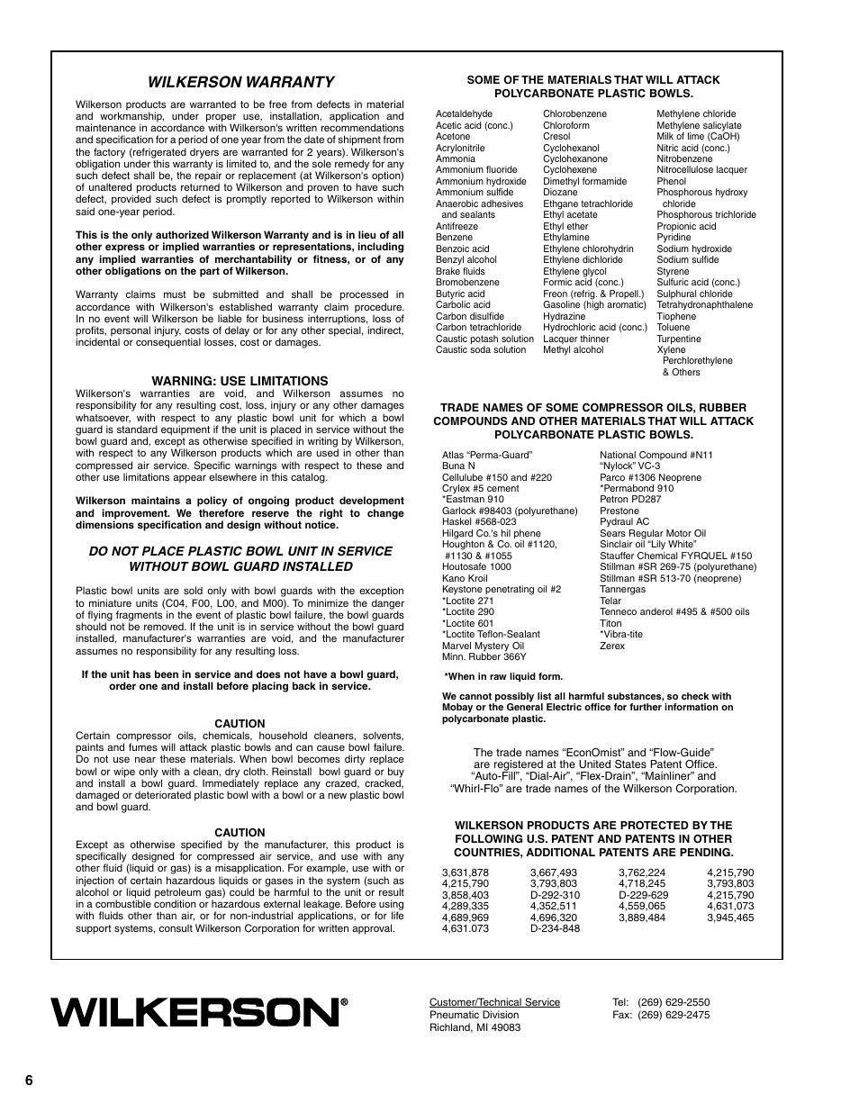 Wilkerson warranty | Wilkerson X25 User Manual | Page 6 / 6