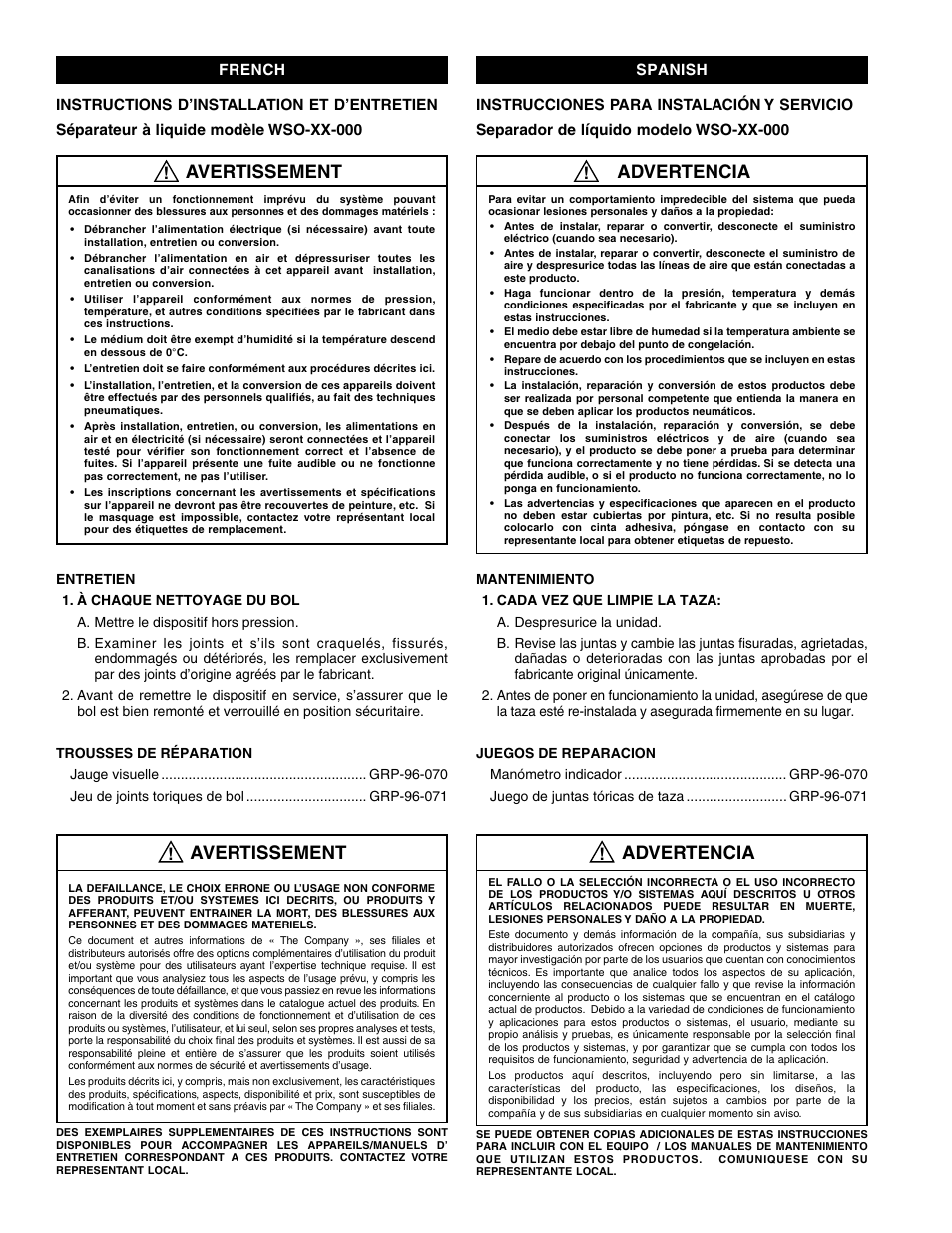 Avertissement, Advertencia | Wilkerson WSO User Manual | Page 2 / 2