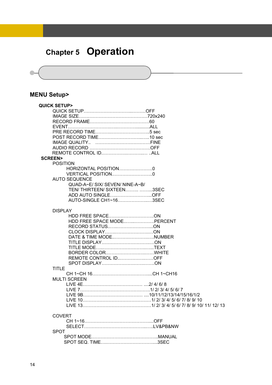 Chapter 5 operation, 1 factory default, Quick setup | Screen, Operation, Chapter 5 | Channel Vision DVR-4N User Manual | Page 15 / 95
