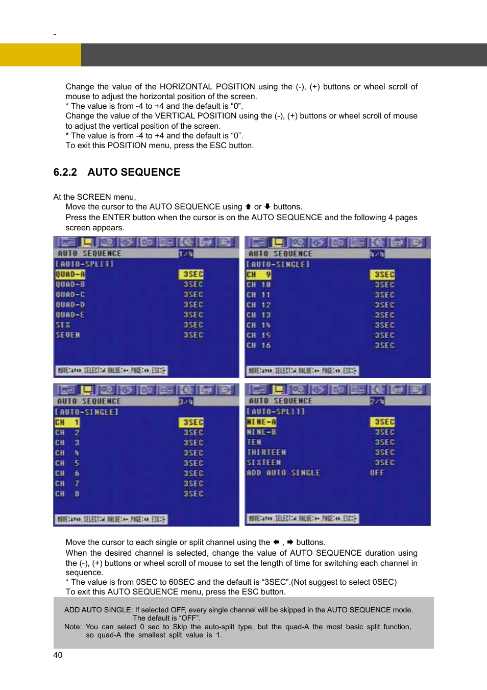 Menu setup, 6 2.2 auto sequence | Channel Vision DVR-4N User Manual | Page 41 / 95