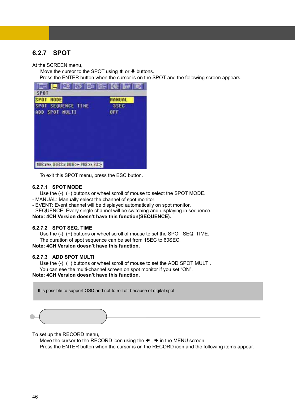 3 record, Menu setup, 7 spot | Channel Vision DVR-4N User Manual | Page 47 / 95