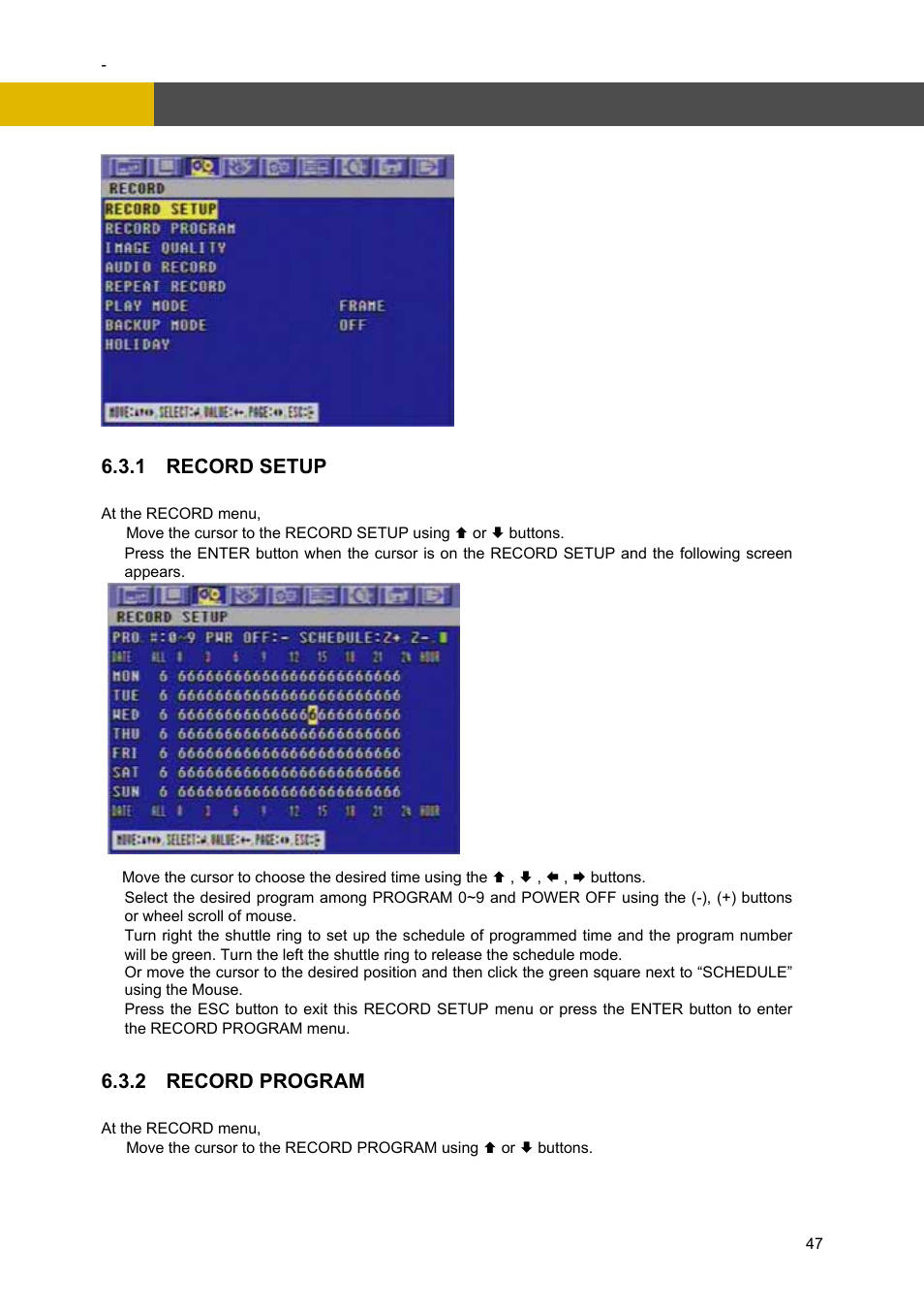 Menu setup, 1 record setup, 2 record program | Channel Vision DVR-4N User Manual | Page 48 / 95