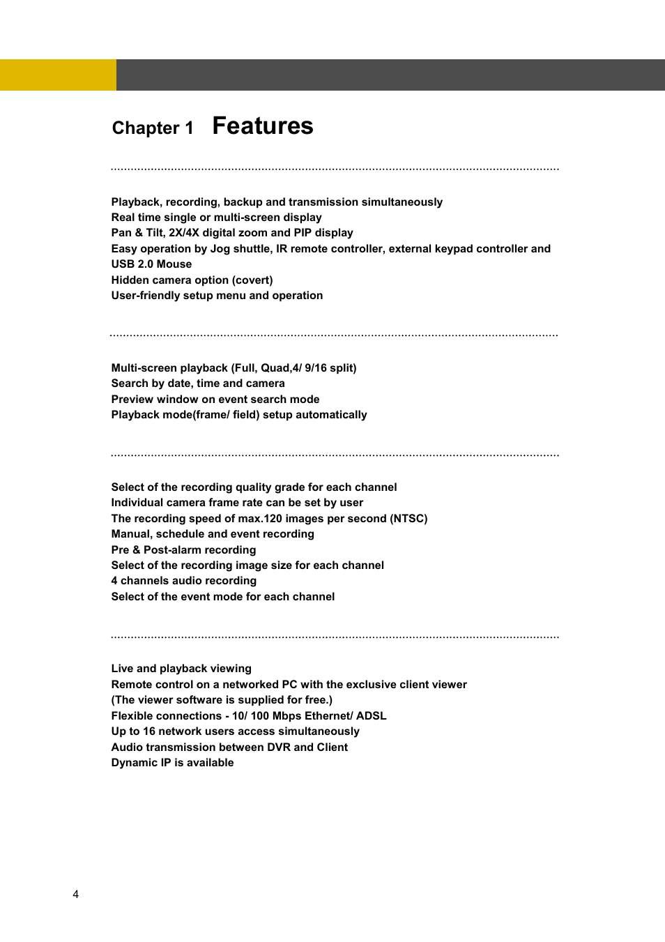 Chapter 1 features, Features, Chapter 1 | Channel Vision DVR-4N User Manual | Page 5 / 95