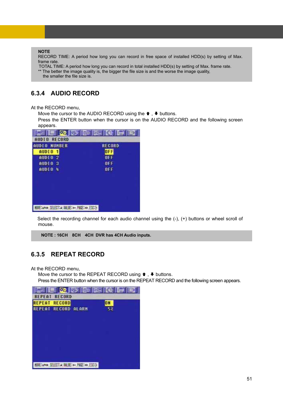 Menu setup, 6au e, 5 repeat record | 4 dio r cord | Channel Vision DVR-4N User Manual | Page 52 / 95