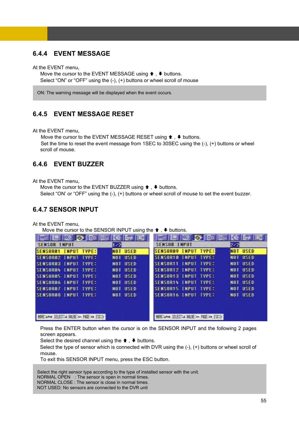 Menu setup, 4 event message, 5 event message reset | 6 event buzzer, 7 sensor input | Channel Vision DVR-4N User Manual | Page 56 / 95