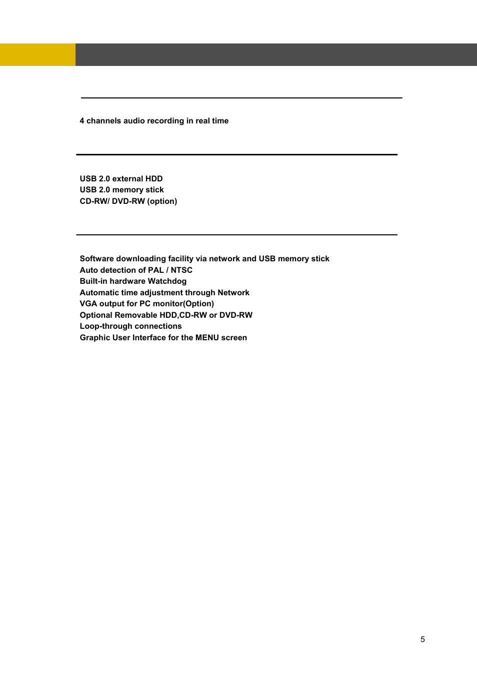 Features, Audio, Copy | General | Channel Vision DVR-4N User Manual | Page 6 / 95