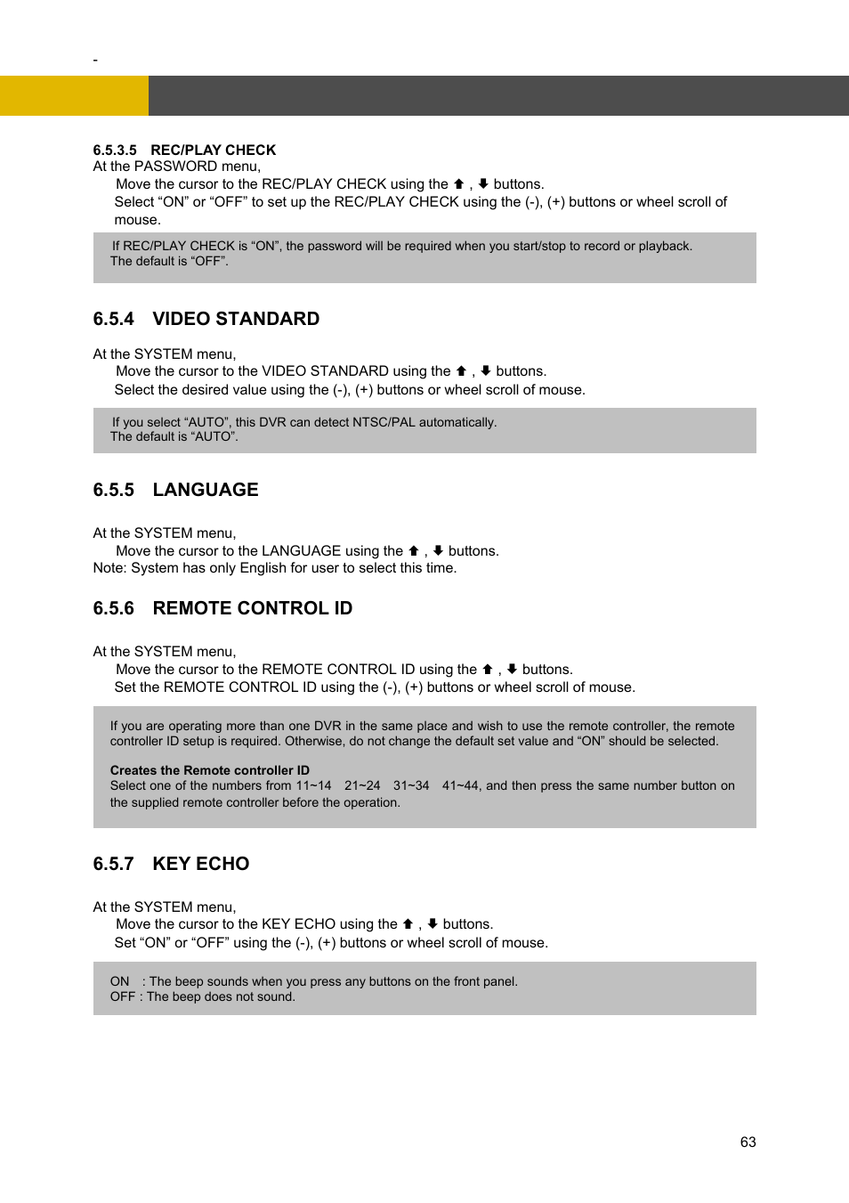 Menu setup, 4 video standard, 5 language | 6 remote control id, 7 key echo | Channel Vision DVR-4N User Manual | Page 64 / 95