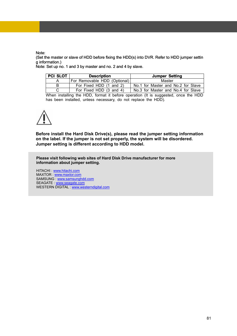 1 install the internal hard disk drive(s), 1 installl the internal hard disk drive(s), Hdd installation process | 8stall the inte nal hard drive(s), Dd installation process, 1 in, 1 in r r disk disk, Hdd jumper setting information | Channel Vision DVR-4N User Manual | Page 82 / 95