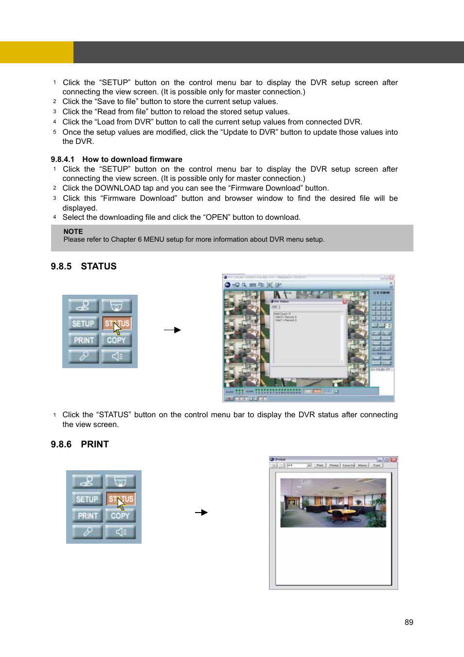Network viewer installation, 5 status, 6 print | Channel Vision DVR-4N User Manual | Page 90 / 95