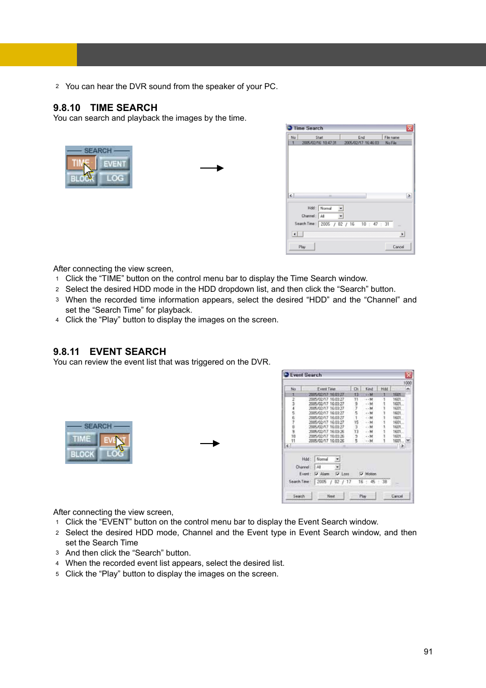 Network viewer installation, 11 event search, 10 time search | Channel Vision DVR-4N User Manual | Page 92 / 95